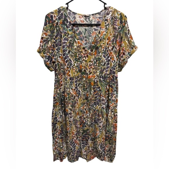 JODIFL Dresses & Skirts - Jodifl Floral Print Olive Green Multi Colored Dress Button Down V-Neck Sz M